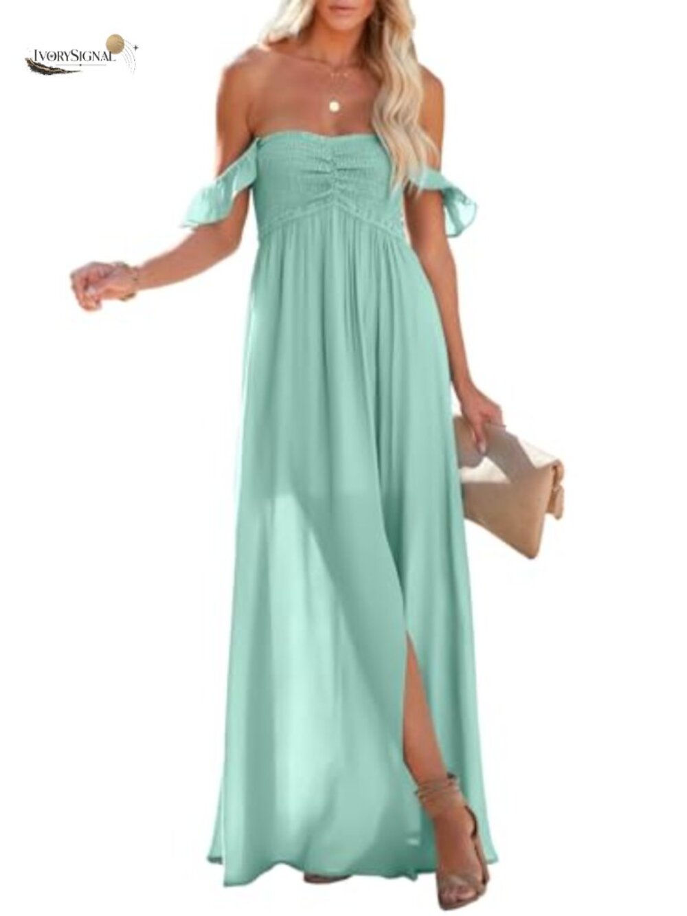 Happy Sailed Women's Smocked Off Shoulder Maxi Dress Ruffle Short Sleeve A Line